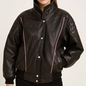 Vintage Choko black and pink real leather moto bomber jacket made in Canada EUC